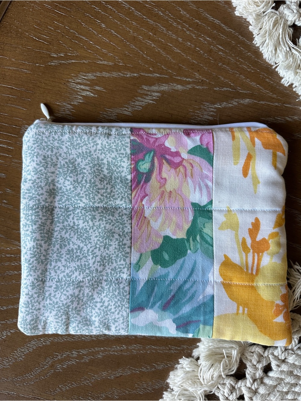 Patchwork Floral Zipper Pouch in Pastel Green, Pink & Yellow